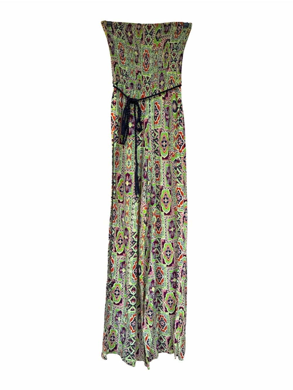 Strapless Green Patterned Jumpsuit with Waist Tie